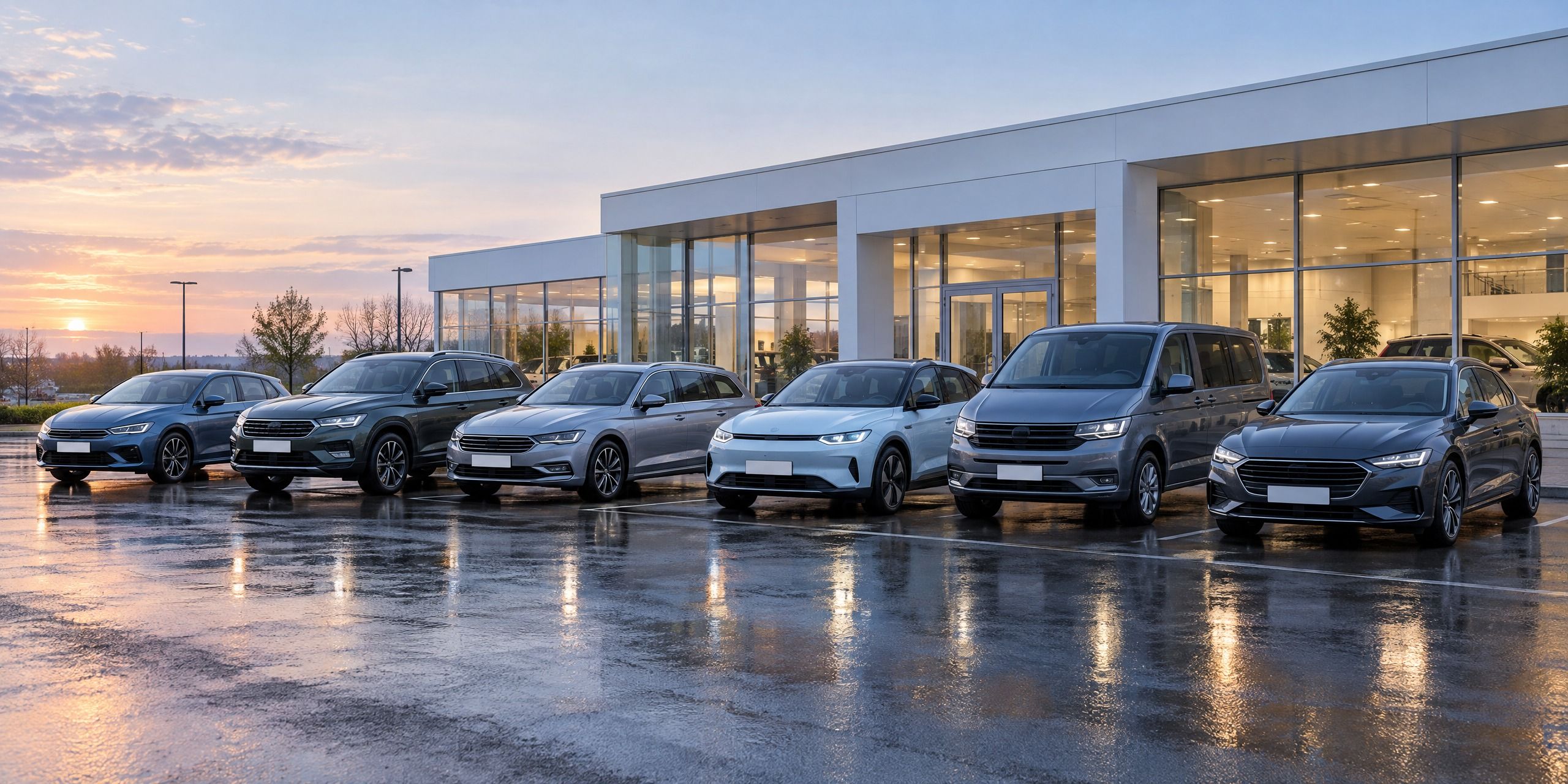 Fahrzeuge in einer Reihe vor dem Showroom eines Autohauses am frühen Morgen
