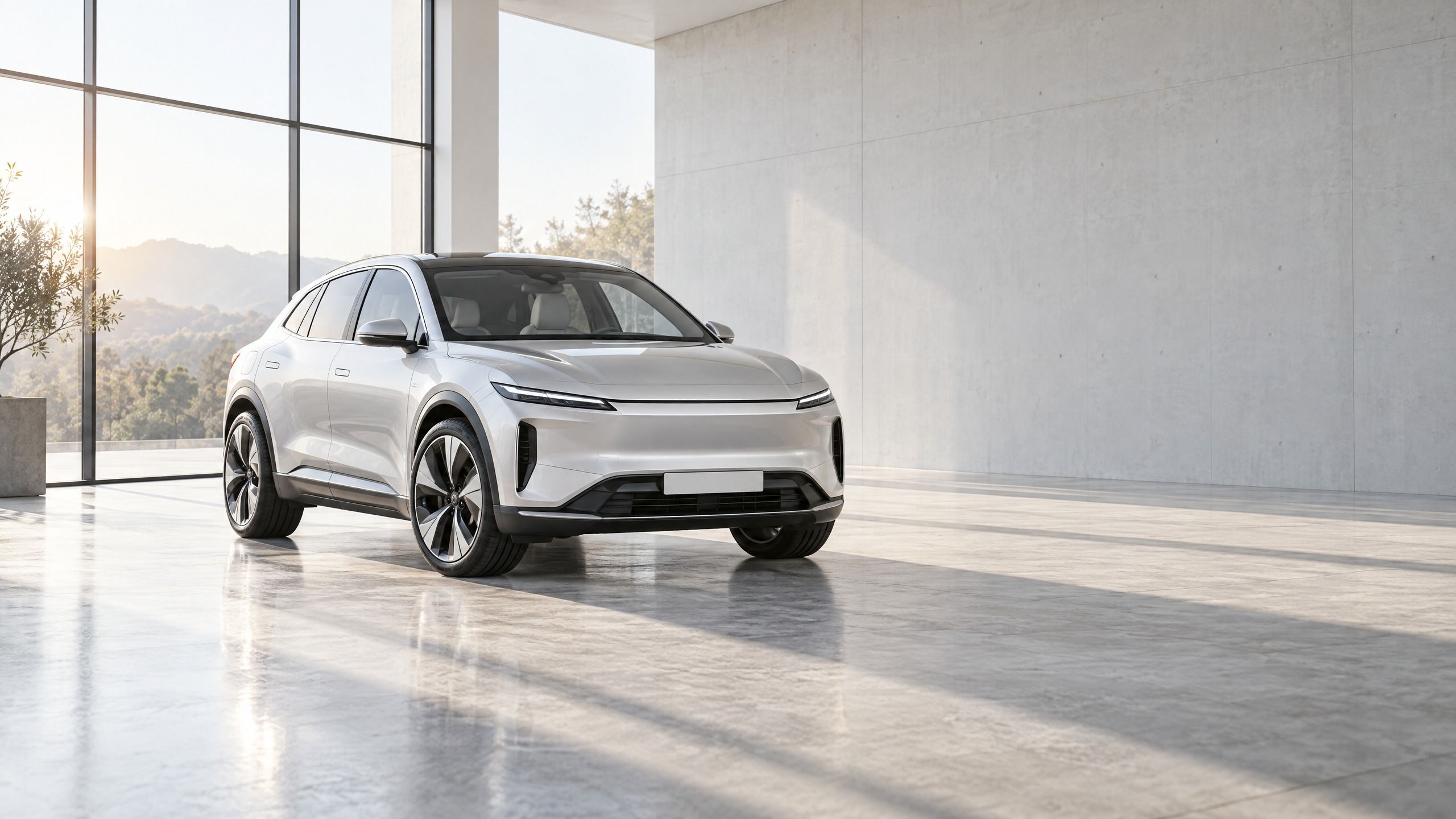 Silberner Crossover in einem hellen Showroom aus Sichtbeton